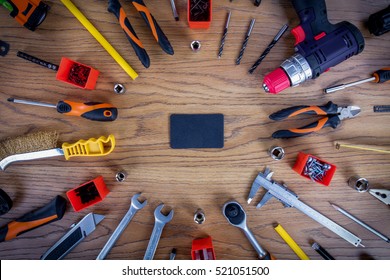 Workshop set. Tools on the table and board.