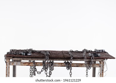 Workshop table isolated on white background.
The workbench table is decorated with iron chains.
