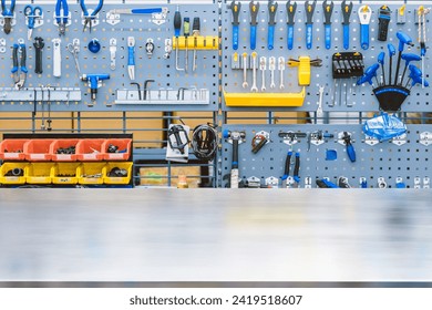 workshop tools bike service set parts with blank steel table space for products montage advertising background - Powered by Shutterstock