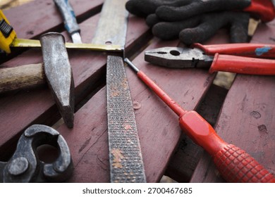 Workshop tools on a workbench, DIY.