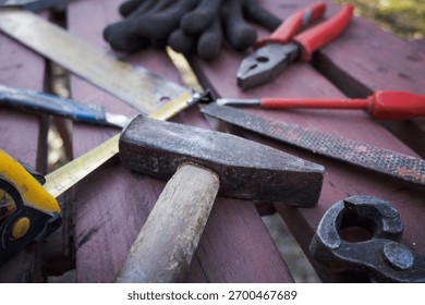 Workshop tools on a workbench, DIY.