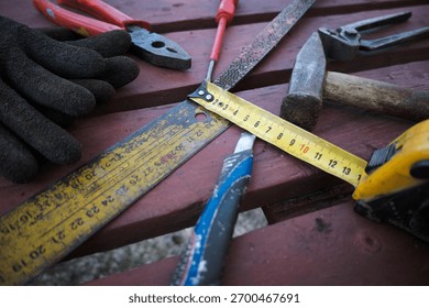 Workshop tools on a workbench, DIY.