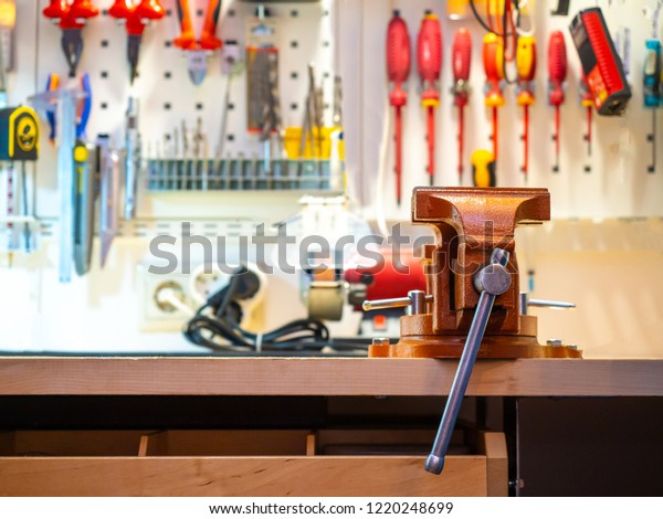 Workshop Vice Fixed On Table Workplace Objects Industrial Stock
