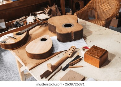 A workshop where classical guitars are made by hand. Close-up
