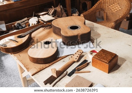 A workshop where classical guitars are made by hand. Close-up