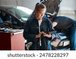 Workshop, woman or car mechanic with digital tablet, maintenance and search with confidence. Repair shop, female expert and technology for motor inspection, ecommerce and typing to order parts online