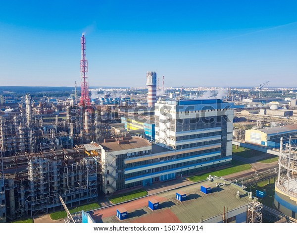 workshops of a chemical plant. Chemical plant for\
the production of ammonia and nitrogen fertilizers. Ion for the\
daytime. The pipeline connecting the factory floor. boiler room,\
power supply