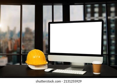 Workspace Computer Putting  And Office Construction On Table In Office Blurred Background.Architect Concept.