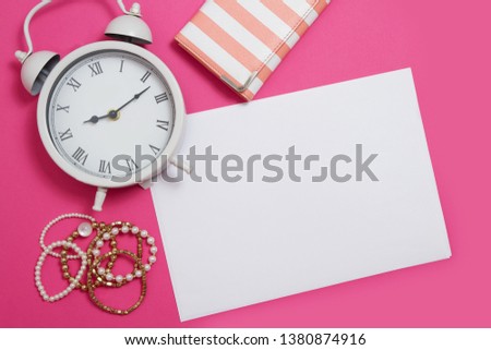 Workspace with copy space. Woman fashion mood board accessories on pink background. Clock and mock up. Top view and teenager desktop. Summer style and template mock up.