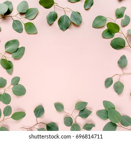 The Workspace Is Decorated With Green Eucalyptus Leaves, Floral Pattern On A Pink Background. The Apartment Lay, Top View. Floral Frame. Frame Of Flowers.