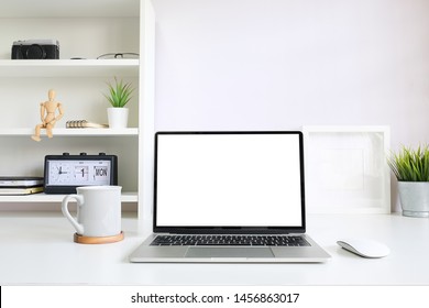 Workspace Desk And Laptop. Copy Space And Blank Screen. Business Image, Blank Screen Laptop And Supplies.