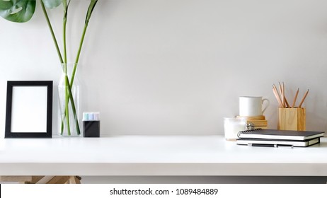 Workspace Desk Mockup Black Blank Poster And Artist Accessory With Copy Space.