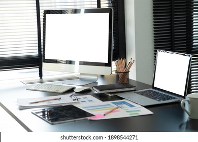 Workspace With Desktop Computer, Office Supplies,  At Home Or Studio. Blank Screen For Graphics Display Montage.