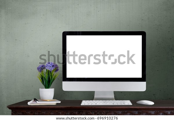 Workspace Desktop Computer On Wood Table Technology Objects Workspace Desktop Computer On Wood