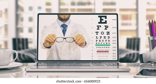 Workspace. Eye Vision Test On The Computer Screen. 3d Illustration