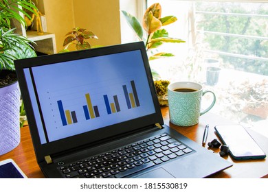 Workspace at home, notebook, mobile device, coffee and plants on the table, laptop desktop