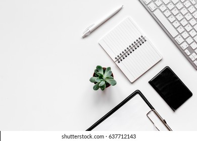 Workspace with keyboard and wallet office desk white background top view mock up - Shutterstock ID 637712143