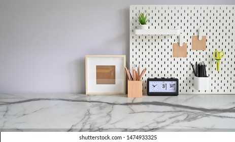 Workspace Marble Desk With Pegboard, Photo Frame, Pencil Pot And Office Supplies.