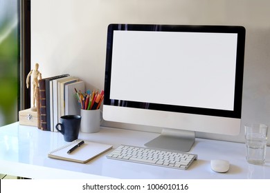 Workspace Mockup With Desktop Computer And Office Supplies.