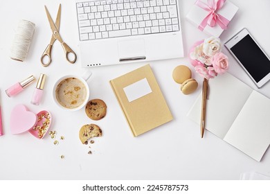 workspace with notebook keyboard, sketchbook, diary and coffee on white background. flat lay - Shutterstock ID 2245787573