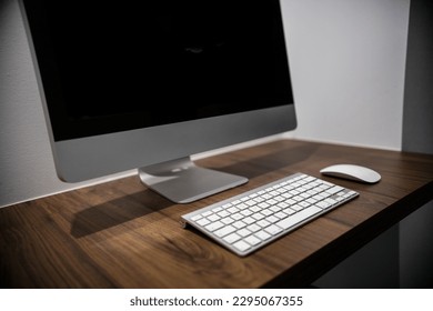 Workspace in the office. Computer with keyboard and mouse on wooden table. technology concept