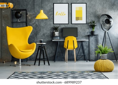 Workspace For Teenager With Desk, Armchair, Yellow Details And Posters