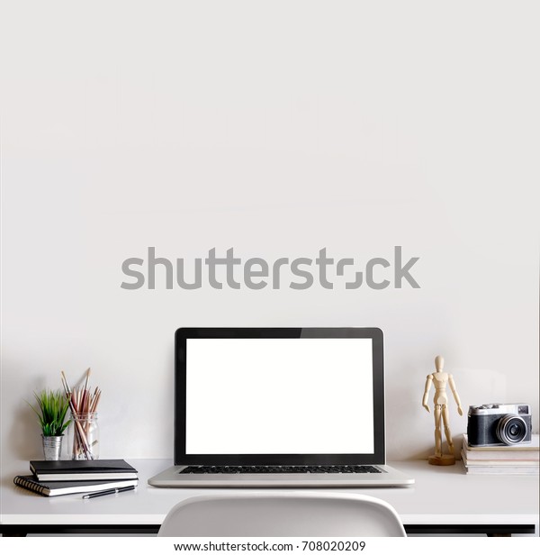 Workspaces Mock Laptop On Wood Table Stock Photo Edit Now 708020209