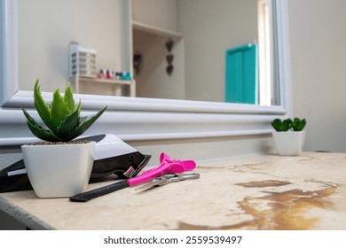 Hairdresser’s Workstation with Tools and Plants in a Salon - Powered by Shutterstock