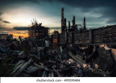 The world after nuclear war.Destroyed by the war remains of buildings at sunset