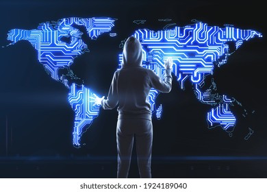 World big data protection concept with hacker back and digital screen with glowing world map as one microchip