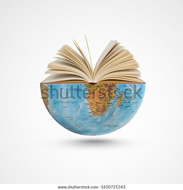 world book day,23th April, open book over the\
Planet on isolated white background, Mental Health Day concept,\
books pile and globe,World literature concept, Knowledge\
information, earth day\
concept,