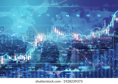 World business investment concept with digital screen with financial rising candlestick and map scheme at abstract night city background. Double exposure - Powered by Shutterstock