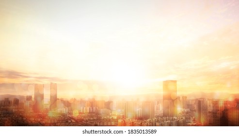 World Cities Day Concept: City Skyline At Sunset Background