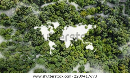 The world continent in the midst of nature surrounded by green trees. Eco concept of environment, conservation, climate change, global warming and ESG image, top view.