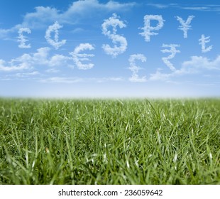 World Currency Units Shaped Clouds On Green Grass