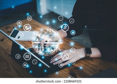 world of data analytics and digital technology, women are using tablet computers to analyze data through internet world, finance, budget, data storage, big data and investment