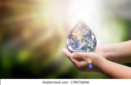 World Day For Water. Earth Drop On Hand And Sun Rise Morning.hands Wait For The World In Water Droplet Shape On Green Bokeh Background.Elements Of This Image Furnished By NASA. 
