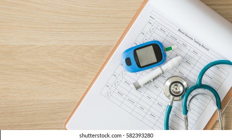 World Diabetes Day, National American Diabetic Awareness Month Concept With Background Of Blood Drop Examination Tool Kit