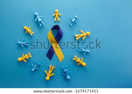 World Down syndrome day on blue background. Down syndrome awareness concept. Top view