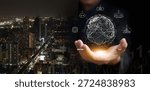 The world driven by artificial intelligence. City at night and digital globe with AI icons in hand. Ai driven era, global transformation, smart town technology, and future innovation in urban life.