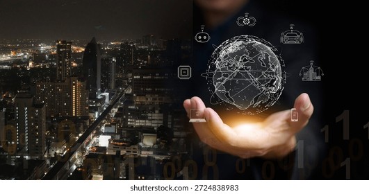The world driven by artificial intelligence. City at night and digital globe with AI icons in hand. Ai driven era, global transformation, smart town technology, and future innovation in urban life.