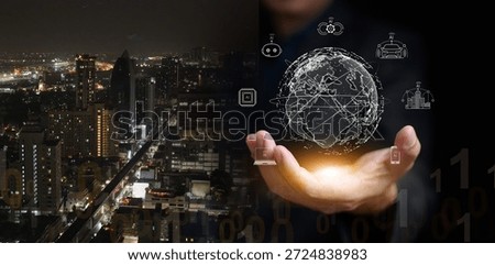 The world driven by artificial intelligence. City at night and digital globe with AI icons in hand. Ai driven era, global transformation, smart town technology, and future innovation in urban life.
