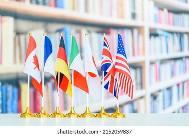 World economy and economic policies concept : Flags of G7 or group of seven countries i.e Canada, France, Germany, Italy, Japan, UK, USA. G7 summit goal is fine tuning of short term economic policies.