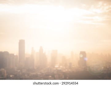 World Environment Day Concept: Abstract Blur Aerial View City Skyline Landscape Sunset Background 