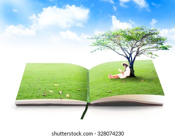 World Environment Day Concept: Asian Children Reading Under Big Tree On Book Of Nature