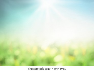 World Environment Day Concept: Blur Green Garden Nature And Blue Sky On Agriculture Field Background