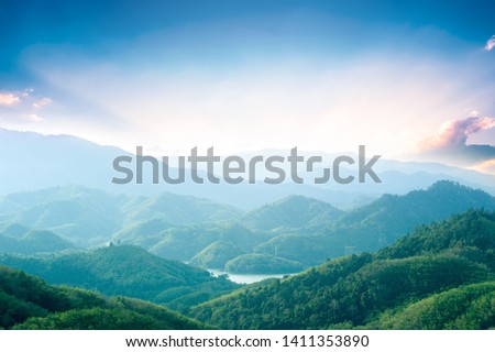 World Environment Day concept: Green mountains and beautiful sky clouds under the blue sky Foto stock © 