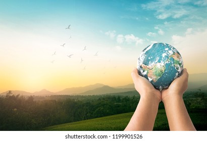 World environment day concept: Human hands holding earth global over mountain sunrise background. Elements of this image furnished by NASA