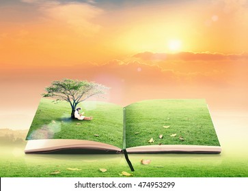 World Environment Day Concept: Student Reading Story On Book Of Nature Sunset Background