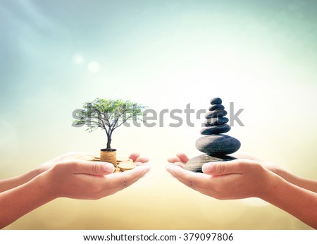 World environment day concept: Two human hands holding stacks of golden money with big tree and Zen stones on blurred nature background